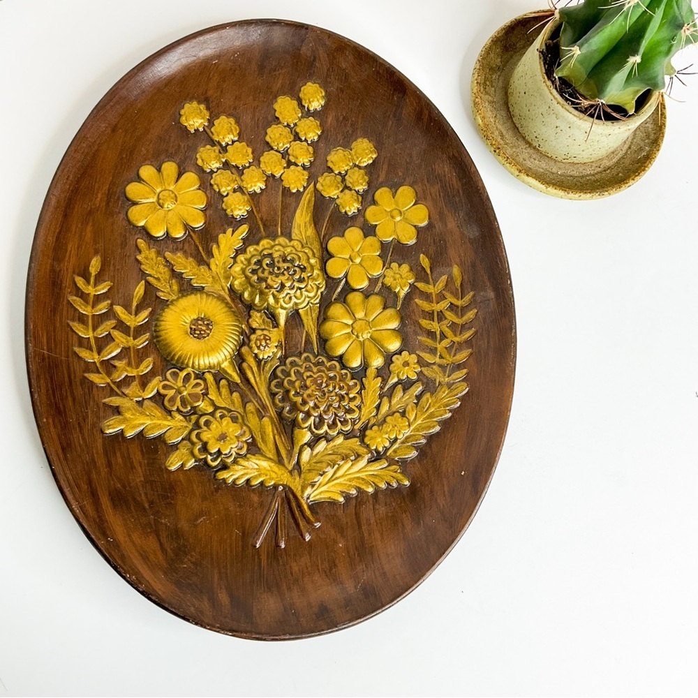 VINTAGE 70s Boho Wall Plaque Golden Yellow Floral Carved Mid-Century Décor